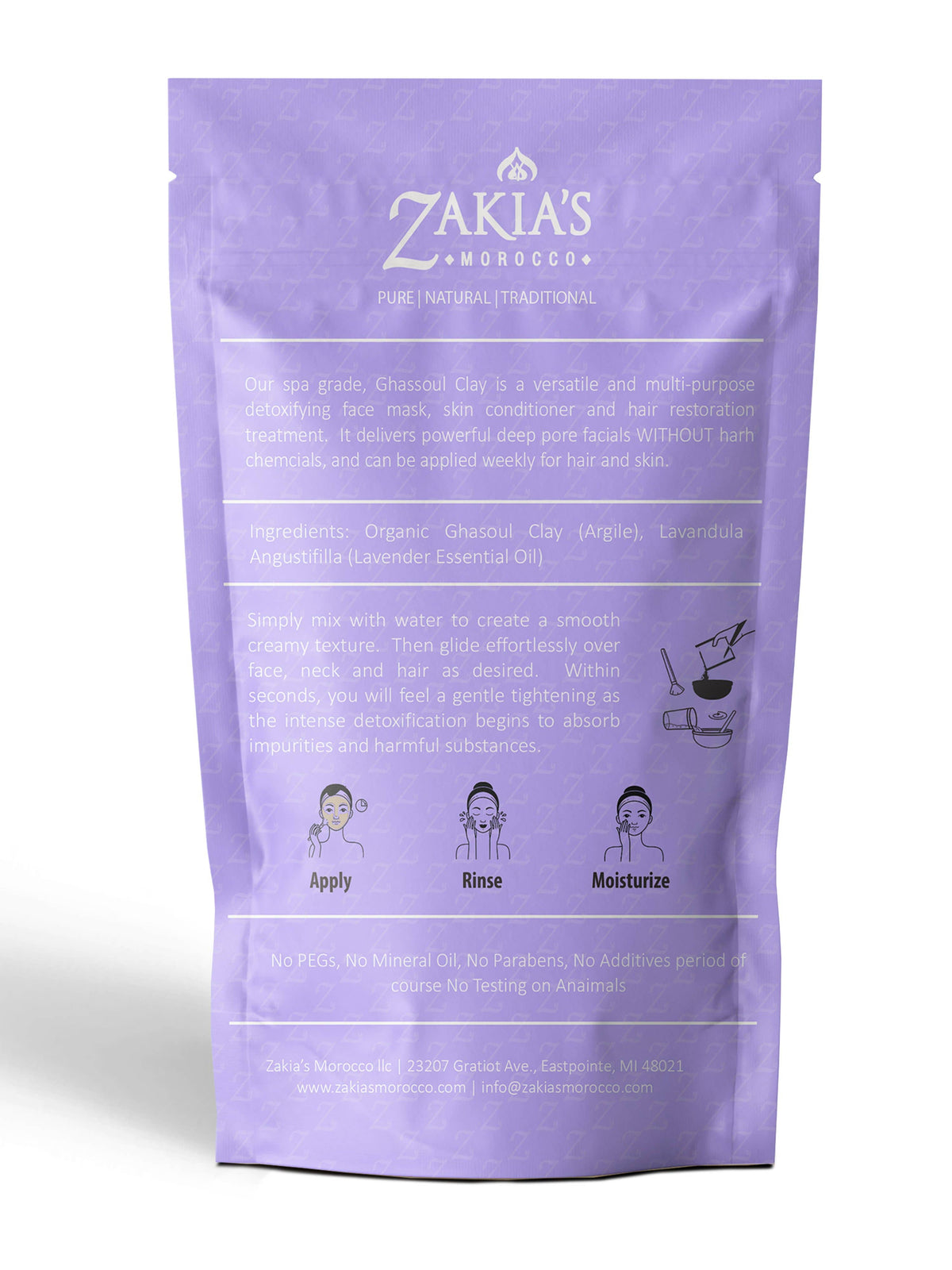 Zakia's Morocco - Organic Moroccan Ghassoul "Rhassoul" Clay Face and Hair Mask - Lavender - 8 oz.