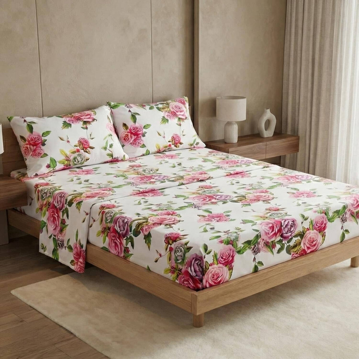 DaDa Bedding Pink Romantic Roses Floral Sheet Set-0